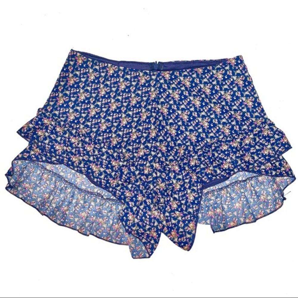 Orange Creek size S navy w pink floral high waist flowy ruffle leg lined shorts